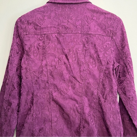 Chico’s Elongated Jacquard Denim Jacket Purple Sz S / Sz 4 / Sz 6 Long Fit - Picture 12 of 13